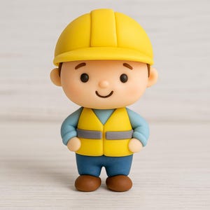 May include: A figurine of a construction worker wearing a yellow hard hat and safety vest. The figure has a smiling face, brown hair, and is dressed in blue pants and a blue long-sleeved shirt. The figurine is standing upright.