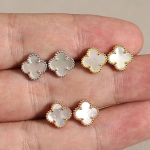 Vintage 9mm Mini Four Leaf Clover Stud Earrings,925 Silver Plated With 18K Gold White Mother of Pearl Earrings Jewelry