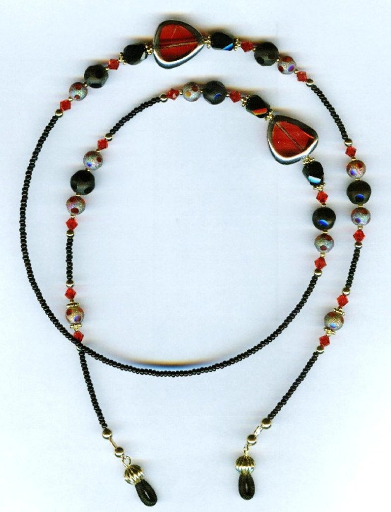 Gorgeous Red with Glittery Red /& Black Glass Beaded Eyeglass Chain or ID Badge Lanyard