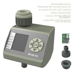 May include: Green and grey digital timer with a digital display and buttons for setting watering times. The timer has a hose connector and comes with three different adapters. The timer is labelled "Overve".