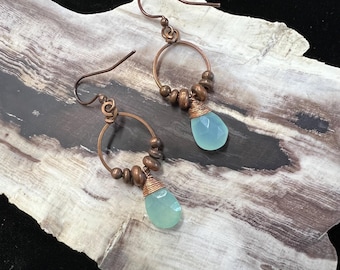 Prehnite and Copper Industrial Teardrop Dangle Earrings