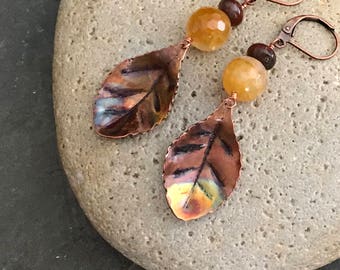 Copper Leaf and Fire Agate Dangle Earrings