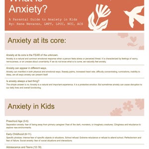 May include: A pink and orange infographic titled "What is Anxiety?" with the subtitle "A Parental Guide to Anxiety in Kids". The infographic explains the definition of anxiety and how it can manifest in different ways. It also includes a section on anxiety in kids, outlining different types of anxiety that children may experience at different ages.