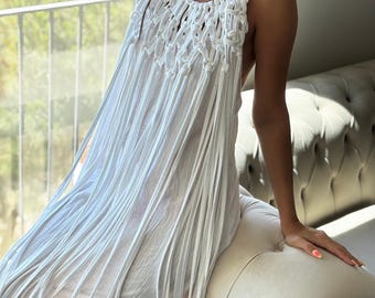Handmade White Tassel Macrame Maxi Dress: Boho Beach Cover-Up