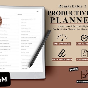 May include: A digital productivity planner designed for the Remarkable 2 tablet. The planner includes over 90 templates, such as a business journal, action planner, mindfulness journal, visualisation, abundance log, my intentions, daily journaling, weekly journaling, monthly journaling, to-do list, my affirmations, the 5-4-3-2-1 method, the 100 noteworthy moments, checklist, plan your manifesting goal, happiness, pleasure, high vibe routine, I'm grateful for, inspirations, open letter to the universe, my dream life, level up life planner, night routine, sleep log, daily planner, daily gratitude page, weekly planner, monthly planner, to-do list, task chart, and more. The planner is fully hyperlinked and optimised for PDF. It includes notes and is easy to install.