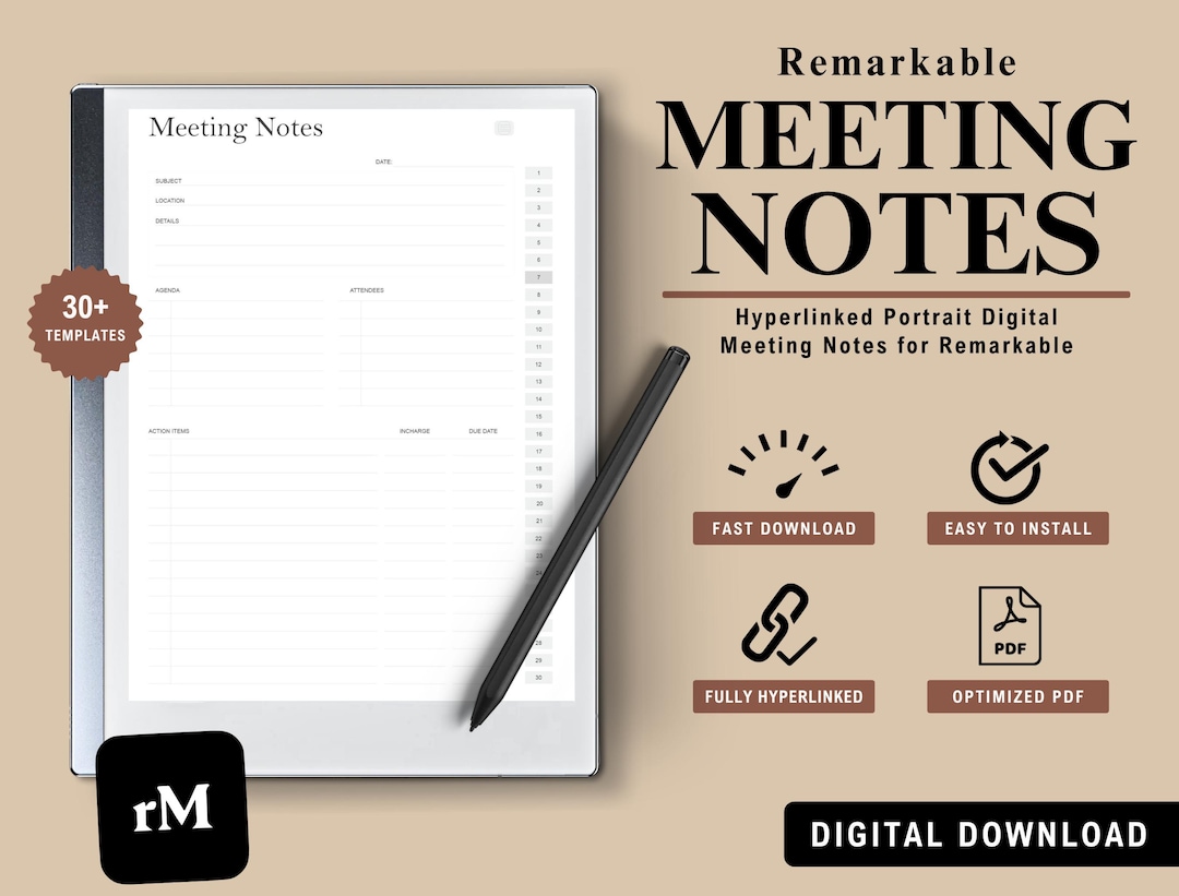 Meeting Notes Template for Remarkable 2, Digital Meeting Notebook ...