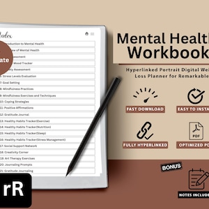 Puede incluir: Un libro de trabajo digital para la salud mental con un fondo marrón y una portada blanca. La portada tiene un título que dice "Mental Health Workbook" y un subtítulo que dice "Hyperlinked Portrait Digital Weight Loss Planner for Remarkable". La portada también tiene una lista de 21 temas, que incluyen "Introducción a la salud mental", "Prácticas de atención plena" y "Diario de gratitud".