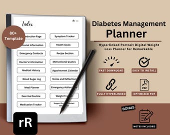 May include: A digital planner for diabetes management with 80+ templates. The planner includes sections for tracking symptoms, health goals, recipes, motivational quotes, appointments, notes, and more. The planner is fully hyperlinked and optimised for PDF.