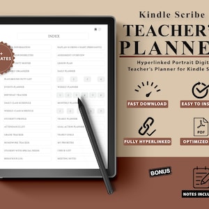May include: A digital planner for Kindle Scribe featuring over 50 templates, including daily, weekly, and monthly planners. Designed for teachers, it includes a range of useful tools such as a grade tracker, attendance list, and lesson plan. The planner is fully hyperlinked and optimised for Kindle Scribe.