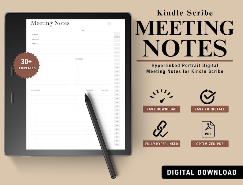 Kindle Scribe Meeting Notes Template: Hyperlinked Digital Notebook (PDF ...