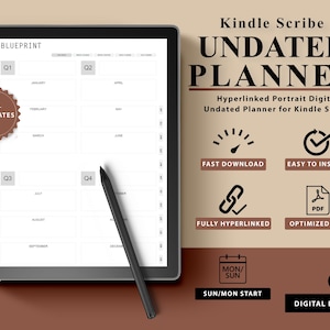 May include: A digital planner for the Kindle Scribe, featuring a monthly calendar layout with 27+ templates. The planner is undated and includes a "SUN/MON START" option. The image also shows a stylus and a digital download icon.