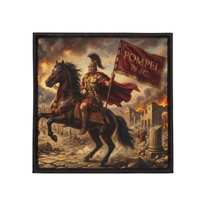 Può includere: Toppa quadrata con bordo nero, raffigurante un soldato romano a cavallo che tiene una bandiera con la scritta "Pompei 79 d.c.". L'immagine mostra una scena di distruzione infuocata con edifici e rovine sullo sfondo.
