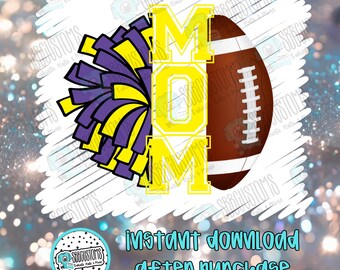 Mamá animadora de fútbol americano en morado y amarillo. Descarga digital PNG