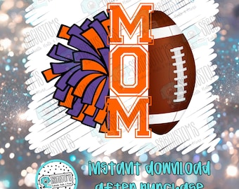 Mamá animadora de fútbol americano en morado y naranja. Descarga digital PNG