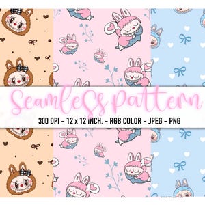 May include: A seamless pattern design featuring three distinct color schemes: tan, pink, and blue. Each pattern showcases adorable cartoon bunnies in various poses, along with hearts and bows. The text "Seamless pattern" is visible.