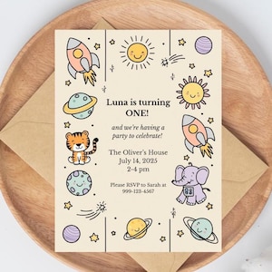 Space First Birthday Invitation | Our Star is Turning One | Editable Canva Template | Cartoon Animal Galaxy Theme | Instant Download