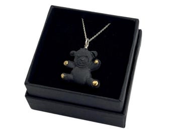 Porcelain Teddy Bear Pendant: 24K Gold & Sterling Silver Art Jewelry