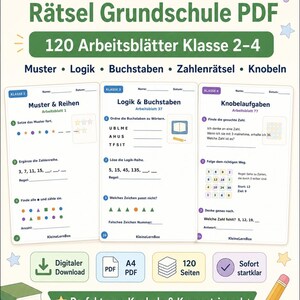 Könnte beinhalten: Ein PDF-Arbeitsbuch für die Klassen 2-4 mit 120 Arbeitsblättern. Das Cover zeigt den Titel "Konzentration & Rätsel Grundschule PDF" in Grün und Weiß, mit Beispielen für Logik- und Mathe-Übungen. Inklusive digitalem Download.