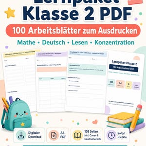 Könnte beinhalten: Grafik für digitalen Download mit türkisem Rucksack, Bleistiften und Arbeitsblättern. Der Text lautet "Lernpaket Klasse 2 PDF" und "100 Arbeitsblätter zum Ausdrucken". Enthält Symbole für digitalen Download, A4 PDF und 102 Seiten.