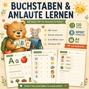 以下が含まれることがあります： 茶色のクマとネズミが描かれた「BUCHSTABEN & ANLAUTE LERNEN」というタイトルのデジタル教育用PDFセット。アルファベット、頭音、単語の読み方を学ぶためのワークシートが含まれており、120ページ、A4サイズであることを示すアイコンが表示されています。
