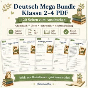 Könnte beinhalten: Ein Deutsch Mega Bundle für die Klassen 2-4 als PDF zum Ausdrucken. Es umfasst 120 Seiten zu Grammatik, Lesen, Schreiben und Rechtschreibung. Das Design zeigt Illustrationen von Kindern, Büchern und einer Eule.