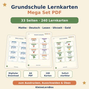 May include: A digital educational set titled Grundschule Lernkarten Mega Set PDF, featuring 33 pages and 240 flashcards for math, German, reading, time, and money. The document includes printable A4 sheets with various learning exercises and tasks.