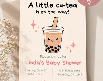 Boba Tea Baby Shower Invitation Template, A Little Cu-Tea Is on the Way, Editable Canva Invite, Bubble Tea Baby Shower, 5x7 Digital Invite