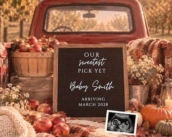 Apple Picking Pregnancy Announcement Template, Fall Autumn Baby Announcement, Editable Canva Digital, Our Sweetest Pick, Ultrasound Photo