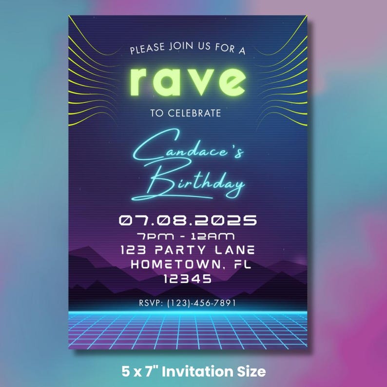 May include: A rectangular invitation with a gradient purple and blue background. The invitation reads "PLEASE JOIN US FOR A rave TO CELEBRATE Candace's Birthday" with event details. The invitation is 5 x 7 inches.