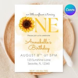Sunflower First Birthday Invitation | Editable 1st Birthday Party Invite | Floral Fall Birthday Template | Printable Sunflower Birthday