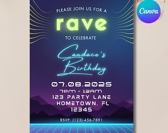 Rave Party Invitation | Editable Glow Party Invite | Neon Birthday, EDM, Bachelorette | Instant Download Canva Template | Printable Flyer