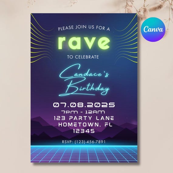 Rave Party Invitation | Editable Glow Party Invite | Neon Birthday, EDM, Bachelorette | Instant Download Canva Template | Printable Flyer