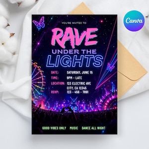 EDM Rave Party Invitation Template, Neon Glow Birthday Invite, Festival EDC DJ Party, Editable Canva Invite, Instant Download, Flyer