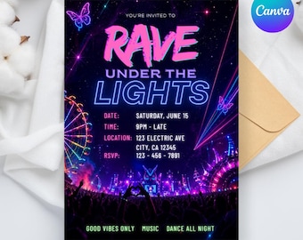 EDM Rave Party Invitation Template, Neon Glow Birthday Invite, Festival EDC DJ Party, Editable Canva Invite, Instant Download, Flyer