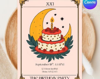 Mystical Tarot Card Birthday Invitation: Witchy Celestial Party, Editable Canva Template