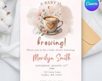 Coffee Baby Shower Invitation Editable | A Baby is Brewing Invite | Printable Neutral Girl Baby Shower Template | Latte Theme Brunch Invite