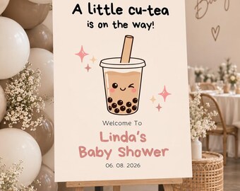 Boba Tea Baby Shower Welcome Sign Template, A Little Cu-Tea Is on the Way, Editable Canva Bubble Tes Sign, 18x24 Printable Digital Download