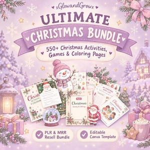 Op de afbeelding: Een digitaal productpakket genaamd Ultimate Christmas Bundle met 550+ kerstactiviteiten, spelletjes en kleurplaten. De afbeelding bevat een sneeuwpop, de kerstman, een sneeuwbol en cadeautjes in een zacht paars en wit winterthema.