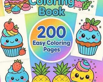 Cute Kawaii Coloring Book for Adults & Teens | 200 Easy Coloring Pages | Stress Relief Printable | Dessert Coloring Pages PDF PLR included