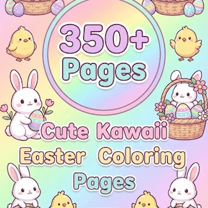 Könnte beinhalten: Eine farbenfrohe Illustration für ein Oster-Malbuch. Das Bild zeigt niedliche Hasen, Küken und dekorierte Ostereier. Der Text auf dem Cover lautet "350+ Seiten" und "Cute Kawaii Easter Coloring Pages". Der Hintergrund ist ein pastellfarbener Regenbogen.