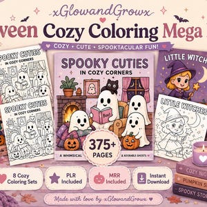 Può includere: Un set da colorare Halloween Cozy Coloring Mega Bundle di xGlowandGrowx che include diversi libri con titoli come Spooky Cuties, Little Witches e Fluffy Frights. La collezione contiene oltre 375 pagine di illustrazioni con fantasmi, zucche e streghe, presentate con icone per il download.