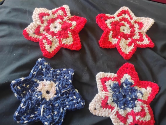 Red, White & Blue Crocheted Star Coasters - Set of 4 | Patriotic Side Table Decor | Condensation Protection | July 4th Home Decor