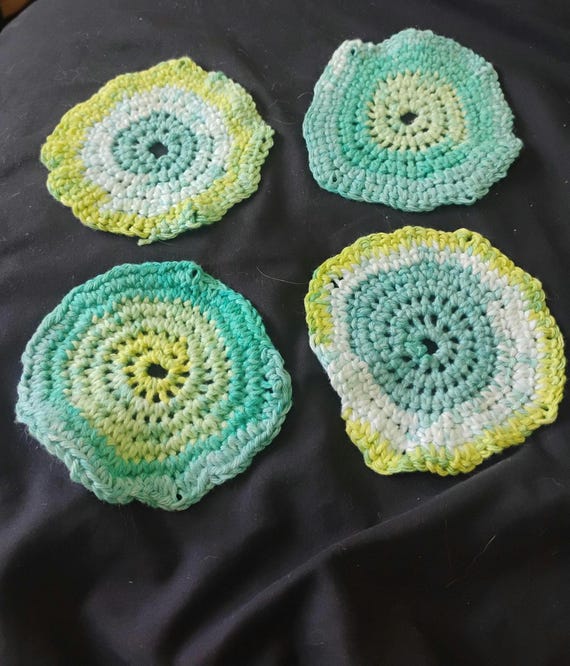 Stylish Summer Crocheted Coasters Set | Heat Resistant Side Table Decor | Condensation Protection | Fun Colors | Set of 4 Coasters