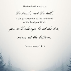May include: A serene image featuring a quote from Deuteronomy 28:13, set against a misty, forest backdrop. The text, in elegant script, reads "The Lord will make you the head, not the tail." Evergreen trees frame the text, creating a peaceful, inspirational scene.