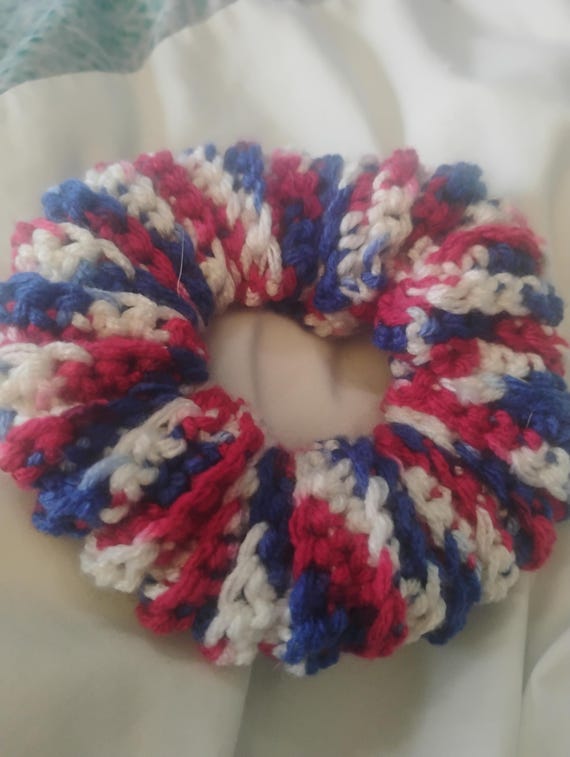 Festive Red, White & Blue Crochet Scrunchie - Single, Duo, or Trio - Handmade Hair Accessory for Summer Holidays - Soft Acrylic Yarn