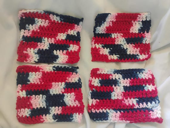 Patriotic Square Crocheted Coasters | Red, White, Blue | Heat Resistant | Set of 4 | Condensation Protection | Side Table Decor