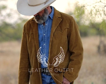 Mens Traditional Western American Jacket: Cowboy suede leather coat
