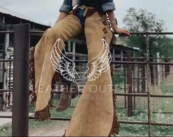 Chaps western en daim avec franges et fermeture éclair Lakota
