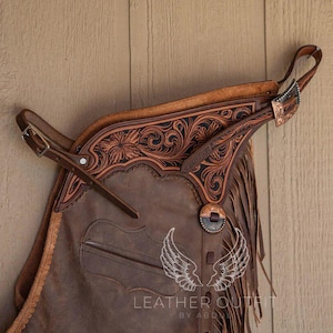 Chaparral de cuero estilo western para hombre, hecho a mano: Chaparral de rodeo con flecos de ante marrón