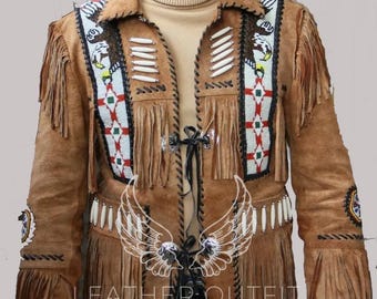 Mens Suede Leather Western Jacket: Beaded Cowboy Style